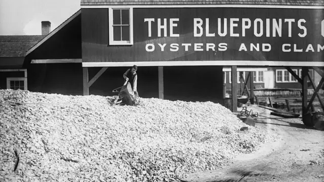 A man empties a wheelbarrow more on top of a mountain of oysters