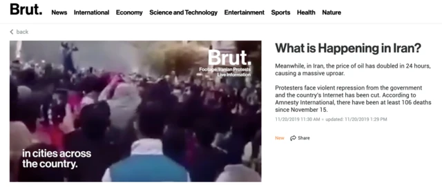 پلتفورم رسانهای فرانسوی بروت هم در بخش آمریکای خود به اعتراضات چند روز اخیر در ایران توجه نشان داده است