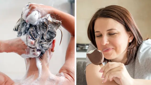 Mulher lavando cabelo e comendo soverte