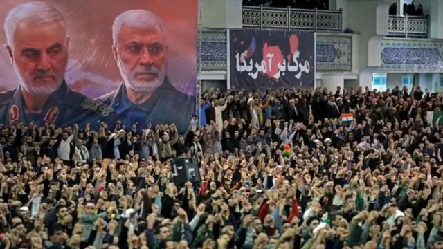 Maelfu ya Wairan wakishagilia chini ya bango lenye picha ya jenerali Qasem Soleiman aliyeuawa na Marekani