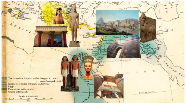 Une carte de la Méditerranée et du Moyen-Orient avec des échantillons de l'art des différentes cultures qui ont habité ces régions