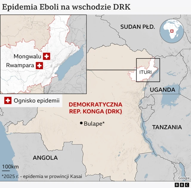 Na mapie DR Konga zaznaczono ogniska epidemii w Ituri, Mongwalu, Rwamparze i Bulape. Widzimy też część terytorium sąsiednich krajów: Ugandy, Sudanu Południowego, Tanzanii i Angoli 