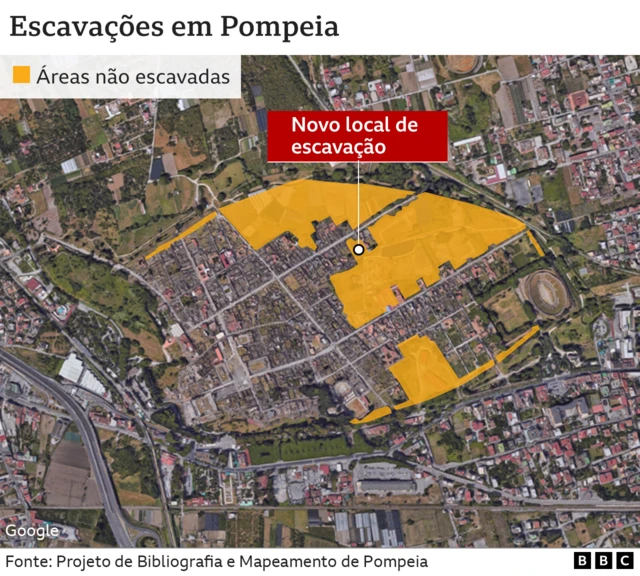 mapa mostra onde foram feitas as escavações