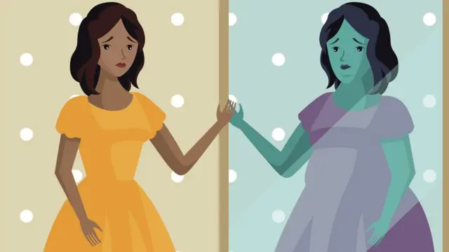 Ilustración de una mujer delgada viéndose gorda en el espejo