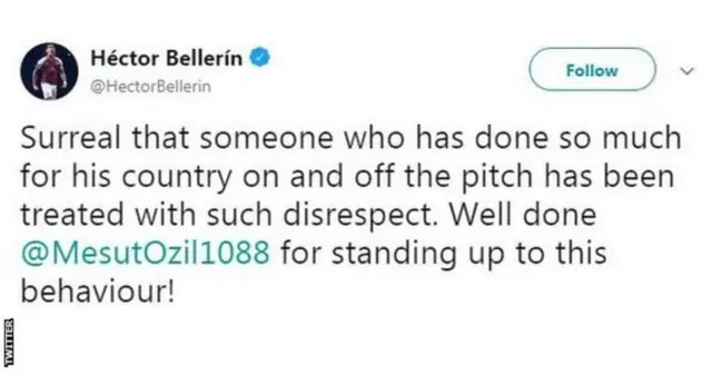 เอกตอร์ เบเยริน เพื่อนร่วมทีมอาร์เซนอล โพสต์ว่า "เหลือเชื่อที่บุคคลหนึ่งทำเพื่อประเทศชาติมากมายทั้งในและนอกสนามแต่กลับถูกปฏิบัติอย่างดูหมิ่น" พร้อมให้กำลังใจเออซิล ที่ยืนหยัดต่อสู่กับเรื่องที่เกิดขึ้น
