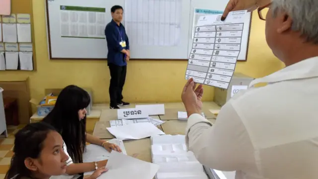 Cambodian election officials count ballots during the general elections at a polling station in Phnom Penh on July 29, 2018.