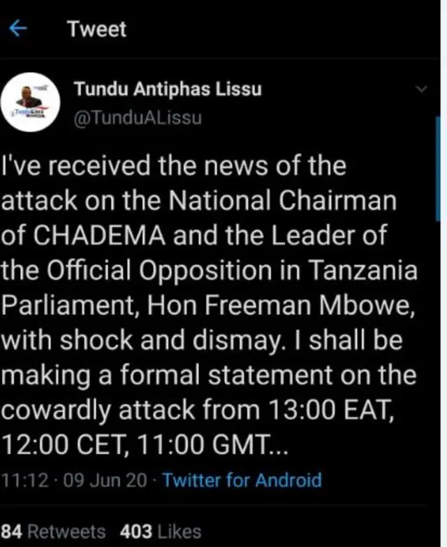 Tundu Lissu/Twitter