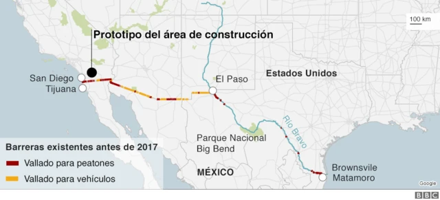 Mapa de muro construido en Estados Unidos.