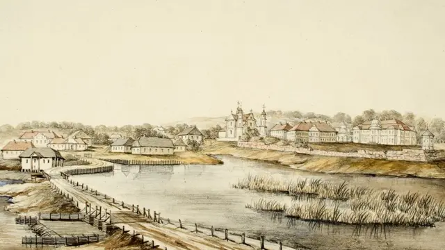 Місто Заслав. Вид на місто з річки Горинь. 1872р. Художник Наполеон Орда