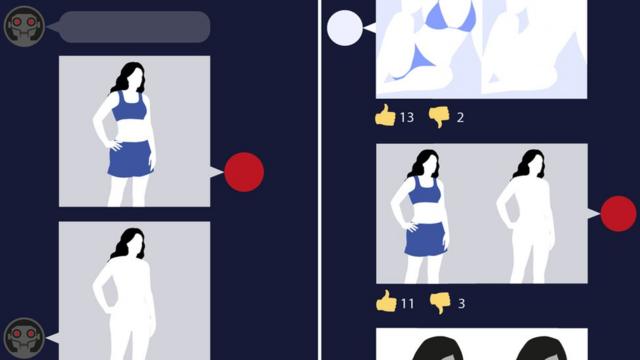 A composite of illustrations shows outlines of women's bodies in flat white colours, with blue swimwear, tops and skirts being removed in a messaging conversation with a bot