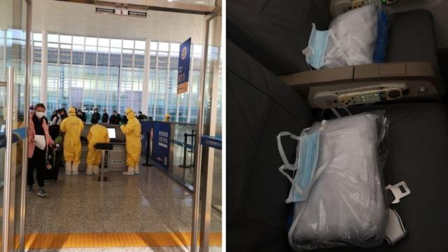 在武汉，机场工作人员穿戴个人防护设备办理登机，飞机上给每个人提供口罩（Credit: Liping Duan）
