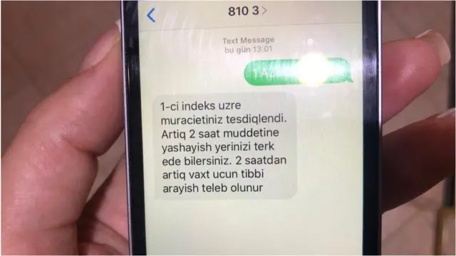 Küçəyə çıxmaq icazəsi üçün 8103 qısa nömrəsinə lazımi kodu yazıb, boşluq buraxaraq, şəxsiyyət vəsiqənizin seriya nömrəsini yazıb göndərin
