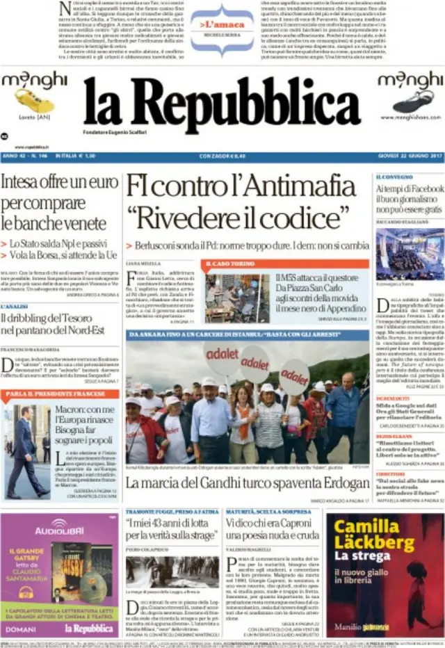 La Repubblica gazetesinin bugünkü ilk sayfası
