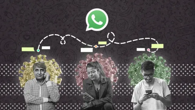 Collage artistique de trois personnes regardant leurs téléphones, debout devant des symboles de virus Covid avec un grand symbole WhatsApp au-dessus d'elles.