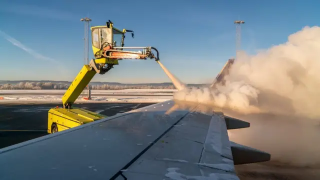 Обработка самолета противообледенительным реагентом