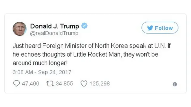 "උතුරු කොරියාවේ විදේශ ඇමති එක්සත් ජාතීන් අමතන බව මට දැන් ආරංචි වුනා. ඔහු පුංචි රොකට් මෑන්ගේ අදහස් ප්‍රතිනාද කළහොත් ඔවුන් වැඩි කල් ඉන්න එකක් නැහැ"