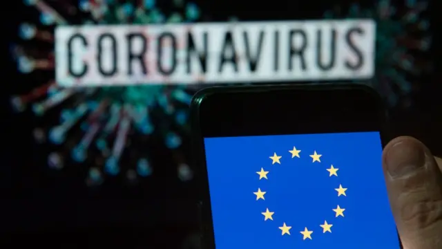 European Union flag displayed on a smartphone with a computer model of the coronavirus in the background