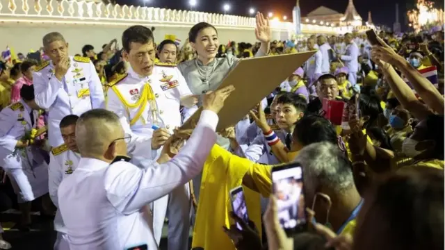 Thailand"s King Maha Vajiralongkorn and Queen Suthida greet royalists, at The Grand Palace in Bangkok, Thailand, November 1, 2020