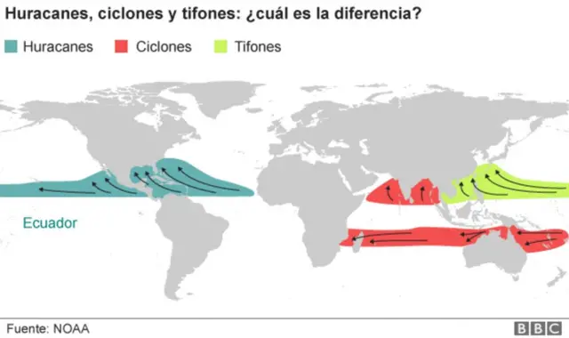mapa que muestra dónde hay huracanes, ciclones y tifones.
