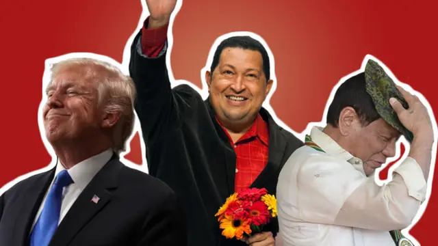 Composição mostrando Donald Trump, Hugo Chávez e Rodrigo Duterte