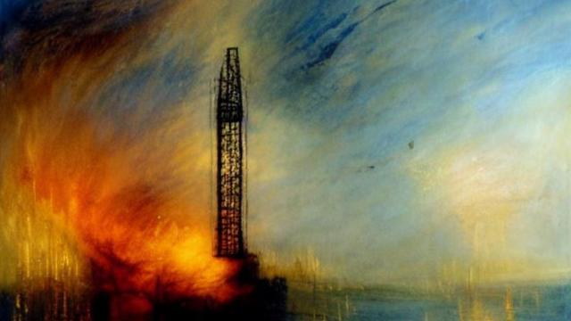 Imagem de uma torre de petróleo ao estilo do pintor britânico JMW Turner criada com uso do sistema Stable Diffusion