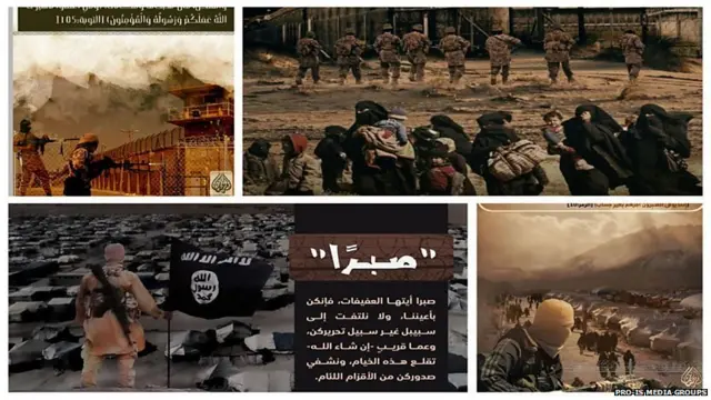 برخی از پوسترها پیکارجویان داعش را یا حین کمین کردن در اطراف اردوگاه‌ها و یا در حال آزاد کردن زنان به تصویر می‌کشید