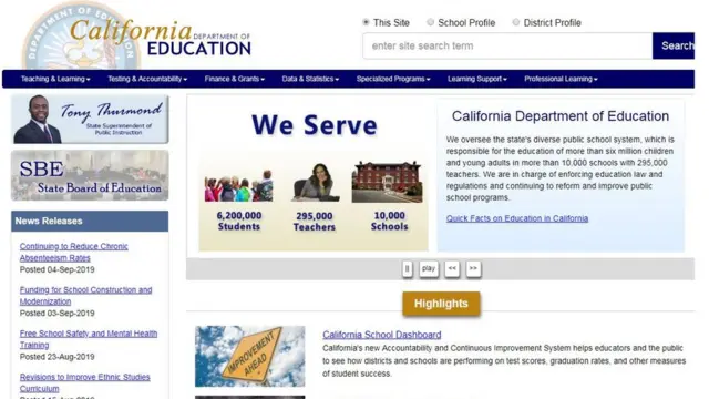 เว็บไซต์ของกระทรวงศึกษาธิการ รัฐแคลิฟอร์เนีย