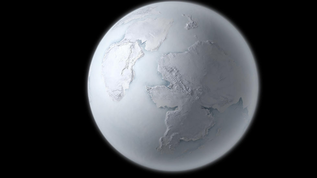 ภาพจากฝีมือศิลปินจำลองสภาพของโลกที่มีน้ำแข็งปกคลุมทั่วทั้งใบ หรือ "โลกยุคลูกบอลหิมะ" (Snowball Earth)