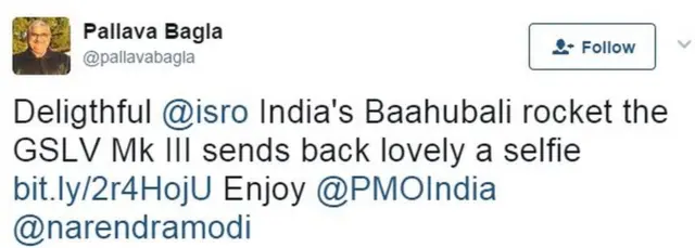 Hintli bilim yazarı Bagla, "Çok hoş. Hindistan'ın Baahubali (güçlü)roketi GSLV Mark III uzaydan güzel bir selfie gönderdi" tweet'i attı.