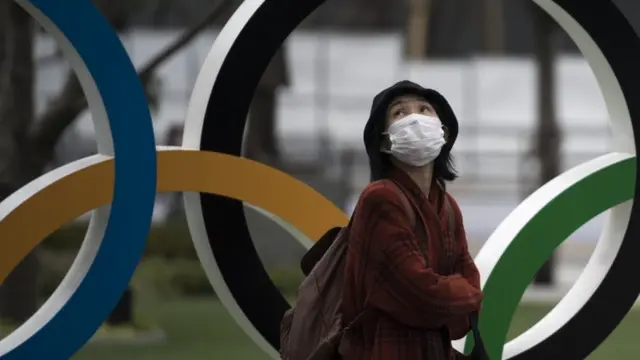 Японка на фоне олимпийских колец