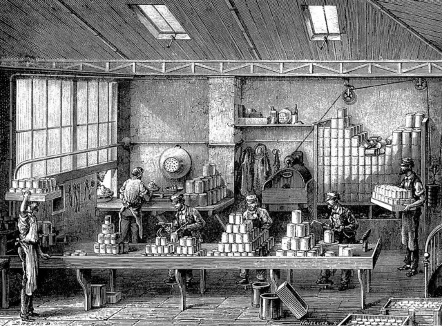 Un grabado mostrando una fábrica de comida enlatada en Francia en el siglo XIX.