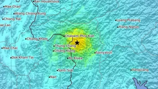 A handout intensity shake map made available by the US Geological Survey (USGS) on 21 November 2019 shows a shake map of the magnitude 6.1 earthquake that struck at a depth of 10km, near near the district of Muang Nan in northern Thailand, 21 November 2019.