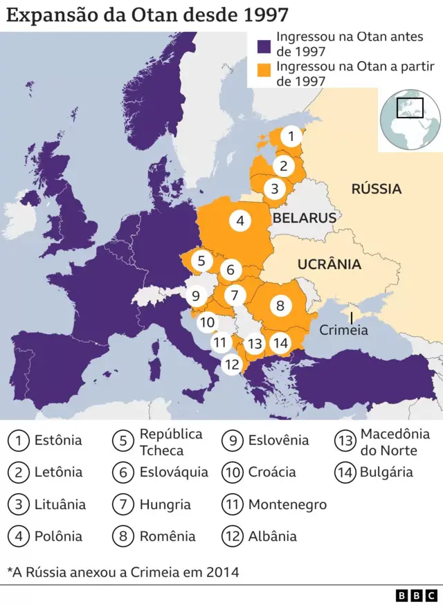 Mapa mostra a expansão da Otan desde 1997