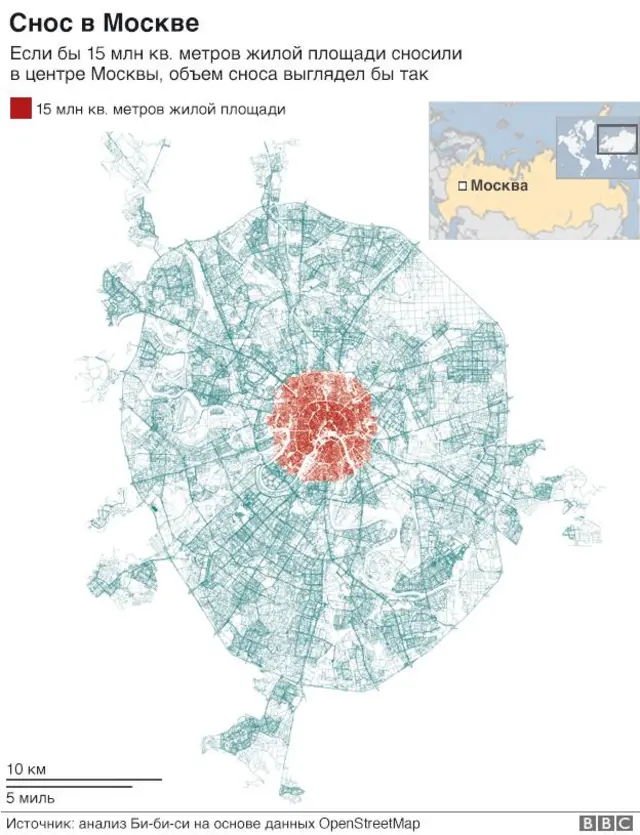 Если бы 15 млн кв. метров жилой площади сносили в центре Москвы, объем сноса выглядел бы так