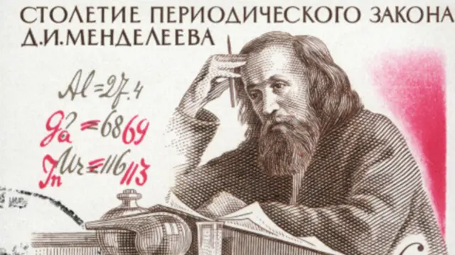 Sello ruso con la imagen de Dmitri Mendeleev