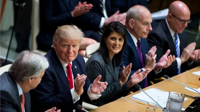 هيلي وترامب وكيلي وجوتيريش في مقر الأمم المتحدة