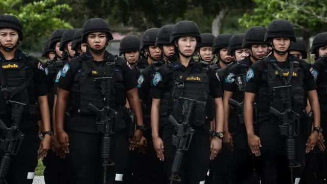 This photo taken on January 3, 2018 shows female Royal Thai Army rangers lining up at a military base in the restive southern Thai province of Narathiwat.