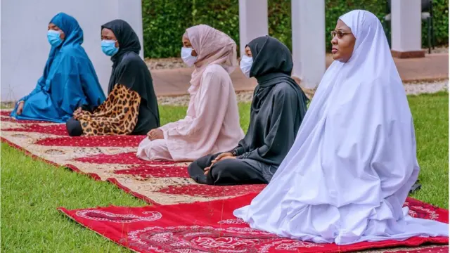 Nigeria First lady, Aisha Buhari and her daughters do eid prayers