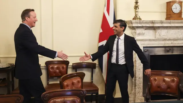 苏纳克（右）在唐宁街10号内迎接卡梅伦勋爵（13/11/2023）