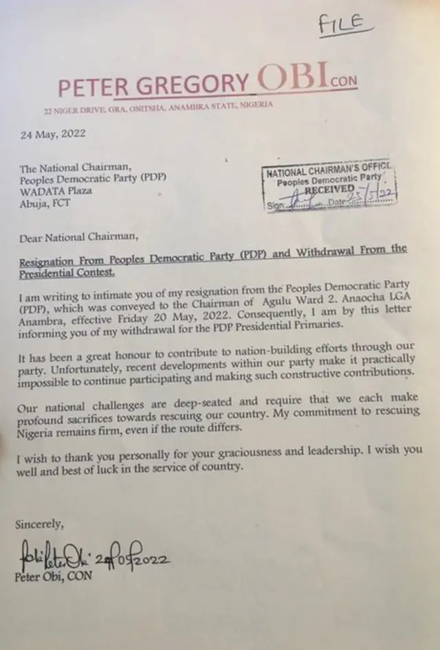 Lẹta ti Obi kọ fi ipo silẹ