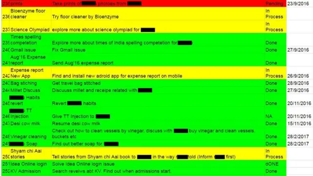 పాయల్ బీబీసీకి ఈమెయిల్ ద్వారా పంపిన తన భర్త టాస్క్ లిస్ట్ ఇది. పేర్లను గోప్యంగా ఉంచుతున్నాం.