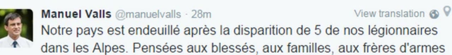 フランスのバルス首相は国中が5人の死を悼んでいるとツイートした