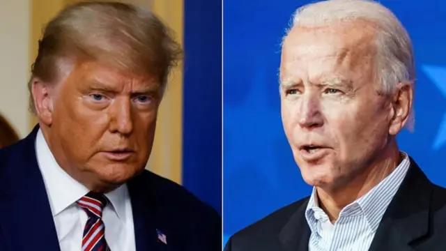 Montagem com fotosjogar copas online grátisTrump e Biden, ambos olhando para o lado