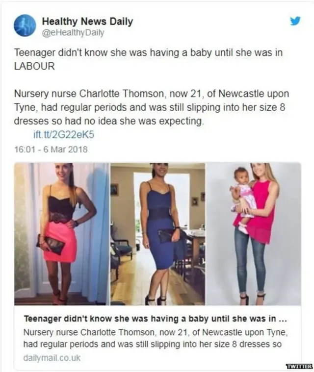 શાર્લોટ થોમ્સનના સમાચાર વિશેની ટ્વીટનો ફોટોગ્રાફ