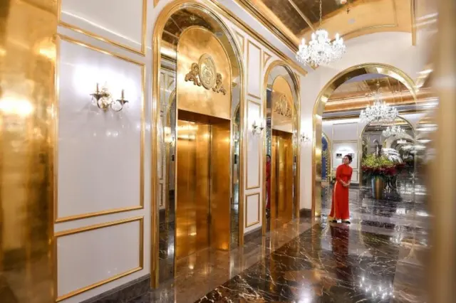 the newly-inaugurated Hanoi Golden Lake hotel, the world"s first gold-plated hotel, in Hanoi on July 2, 2020.