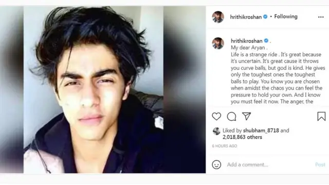 रितिक रोशन ने आर्यन ख़ान के लिए इंस्टाग्राम पर संदेश लिखा है