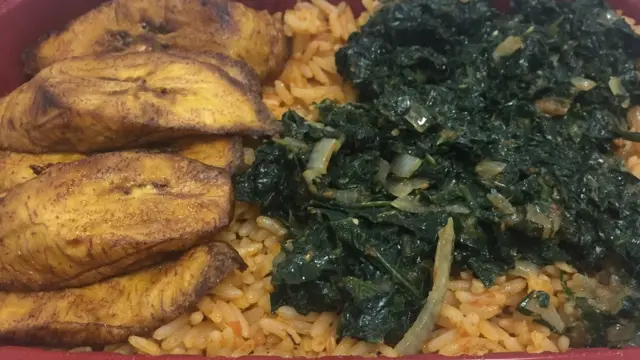 Jollof rice, plantain and spinach