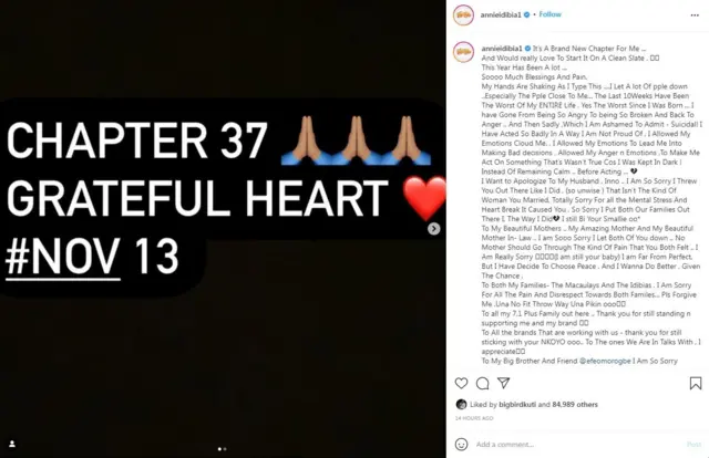 Ohun ti Annie idibia kọ soju opo instagram rẹ