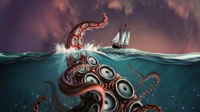 Ilustración de un monstruo marino que acecha un barco