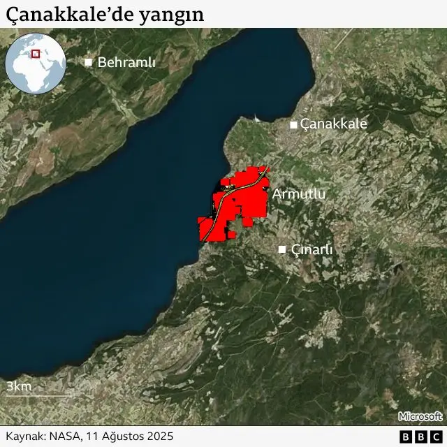 Çanakkale'deki yangının 11 Ağustos'taki uydu görüntüsü